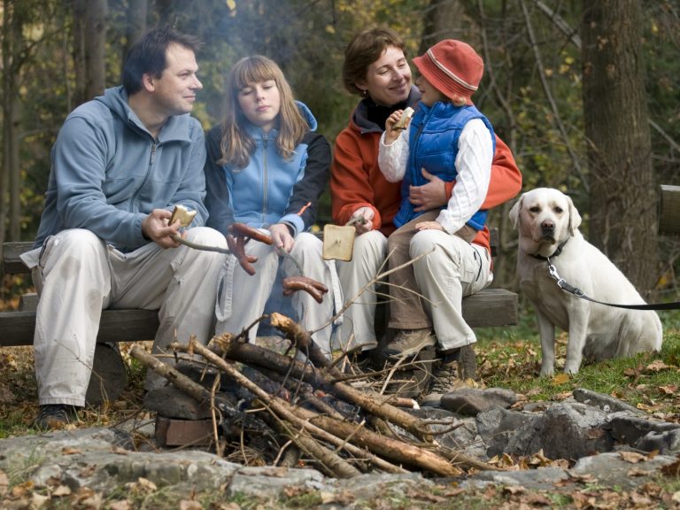 Foto einer Familie mit Hund beim gemütlichen Lagerfeuer im Wald.